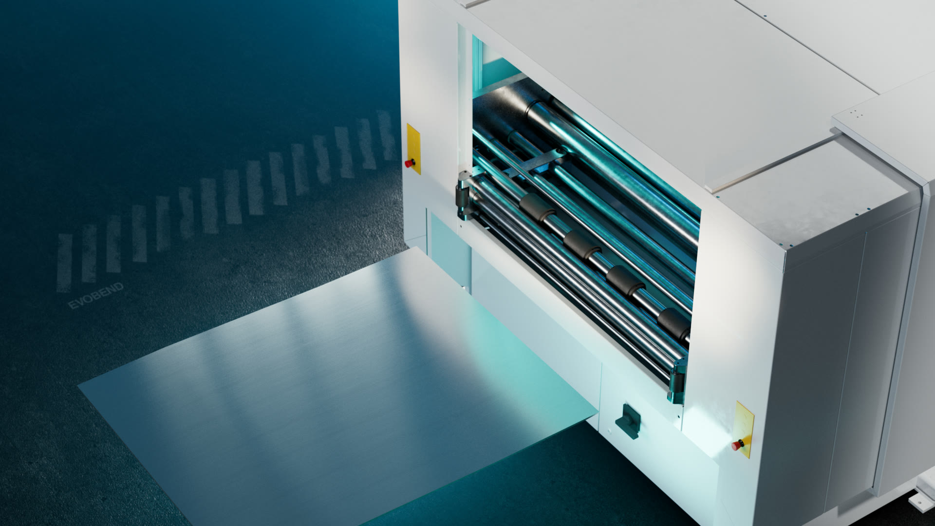 Blechtafel fährt in den Walzeneinzug der Anlage, Draufsicht, 3D-Rendering