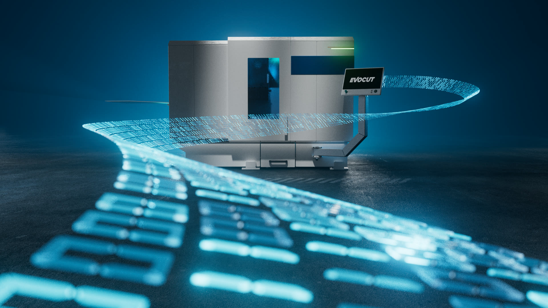Leuchtender Binärcode-Datenstrom windet sich um die EVOCUT-Anlage, 3D-Rendering